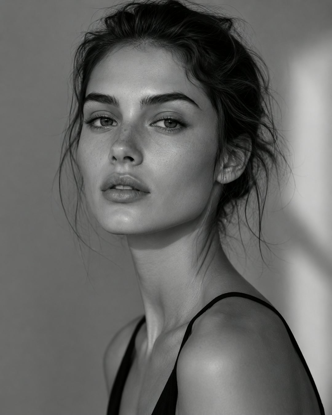 An editorial portrait of a woman, black and white